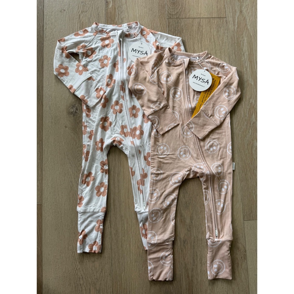 NWT Bamboo Sleeper Set 2‎ Pack Floral Smiley Convertible Footies 6-12M MYSA